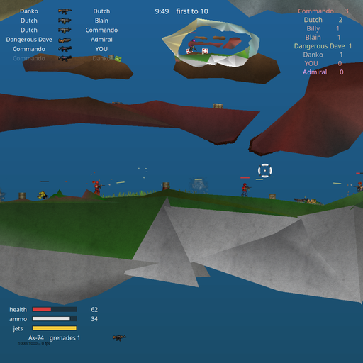 A deathmatch on Arena2, one of Soldat's maps: soldiers in red firing at each other across the grass, bullets in flight, a puff of smoke; at the top left who killed whom and with which weapon, at the top the minimap, at the top right the scores, at the bottom the health, the ammunition and the jets.
