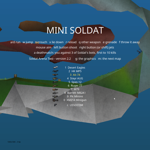 The title: MINI SOLDAT, the keys, the mode, and Soldat's ten weapons to choose from, each with its picture, over the map.